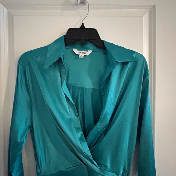 STEVE MADDEN • Green/Teal Satin Shirt Wrap Short Dress • Small • - Picture 7 of 8